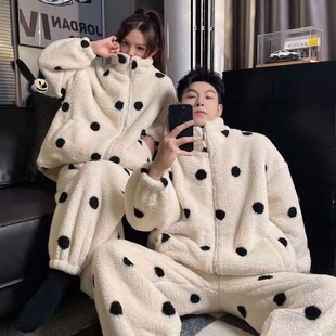 情侣装睡衣秋冬加厚长毛绒拉链款高领男女款简约可外穿家居服套装