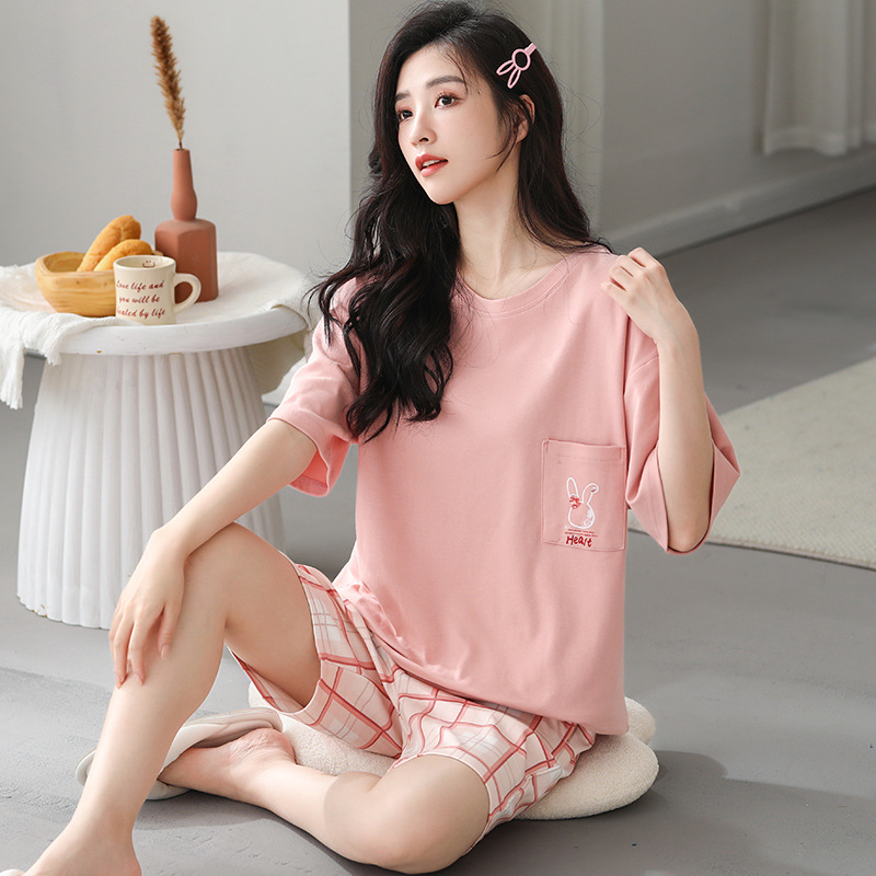 睡衣女夏纯棉短袖七分裤薄款生可爱休闲印花家居服夏季睡衣