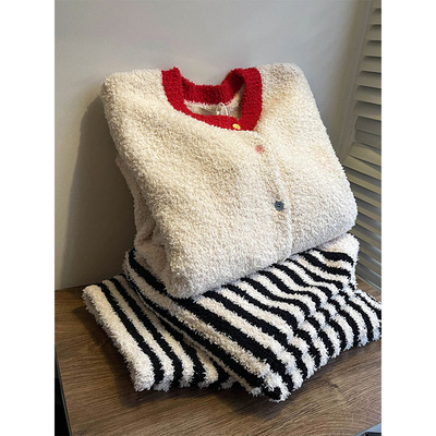 【现货】韩系温柔半边绒睡衣女冬季新款条纹针织加厚家居服可出门