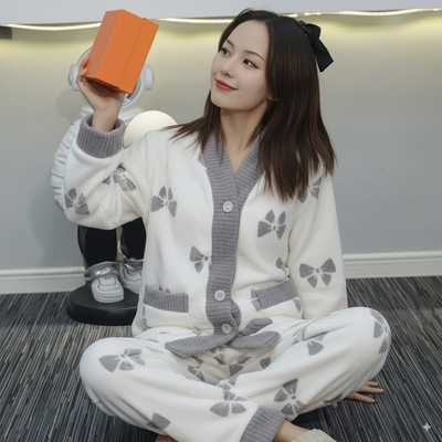 保暖2025新款冬季睡衣2件套装蝴蝶结外穿家居服工厂珊瑚绒