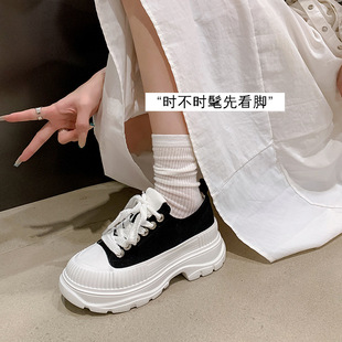 新款厚底帆布鞋女小个子松糕跟系带小白鞋女运动休闲单鞋女