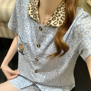 带胸垫家居服套装 甜酷豹纹三件套睡衣女夏季 长裤 新款 天丝棉短袖