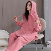 家居服套装 半边绒睡衣女冬季 加绒加厚感可外穿珊瑚绒连帽大码