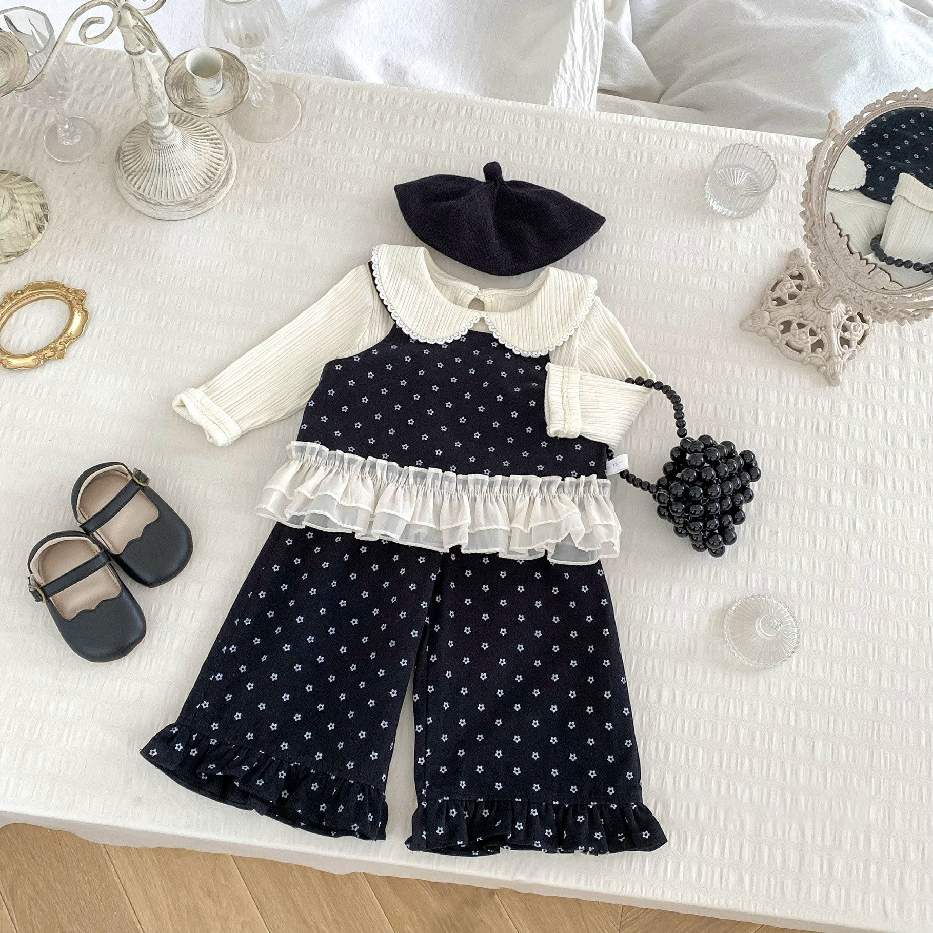 2025新款女童宝宝秋季套装洋气花边裙摆背心长裤+打底衫三件套