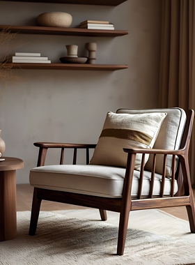 侘寂风单人沙发椅实木阳台休闲椅客厅房间布艺靠背椅酒店接待北欧