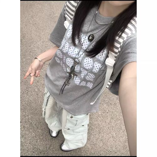 HAHAYOLO美式波点字母印花短袖t恤女装小红书同款夏季新款ins上衣