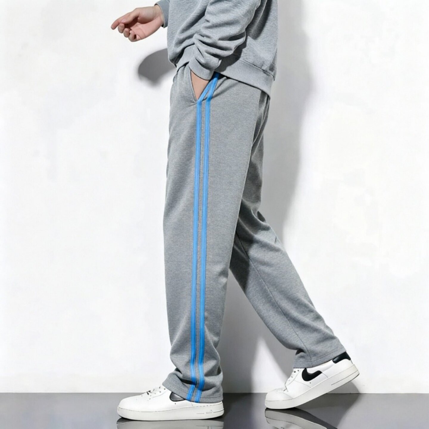 定制春夏长裤浅灰色镶天蓝杠全棉休闲裤大码学生校裤运动裤校服裤