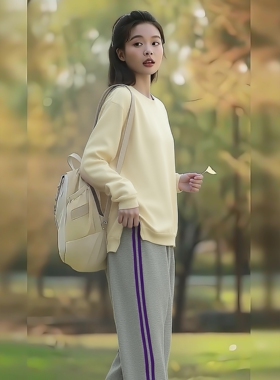 春夏超薄季灰色全棉紫色双杠边条收口束脚小脚运动裤中小学生长裤