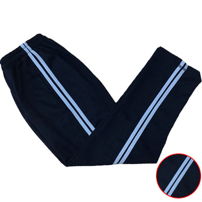 藏青天蓝色双杠全棉透气条纹长裤