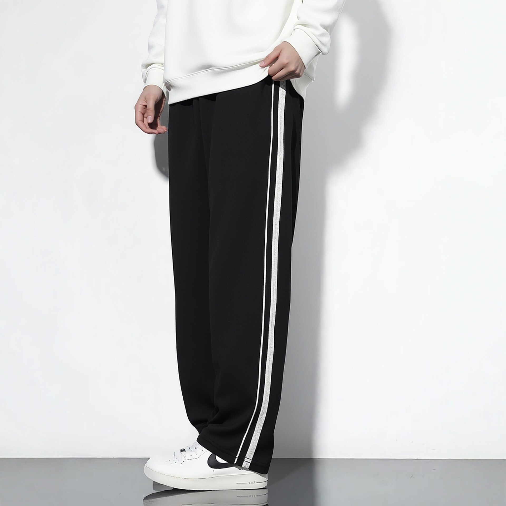 南韩丝深藏青春夏秋黑色镶白细粗杠条校服裤同款休闲男女童运动裤