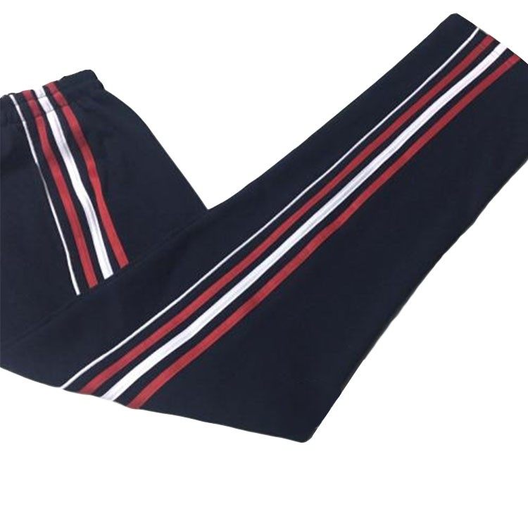 深藏青色经典红白杠条薄款长裤
