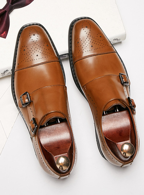 真皮布洛克雕花搭扣皮鞋男 时尚英伦男士孟克鞋德比鞋正装男鞋潮