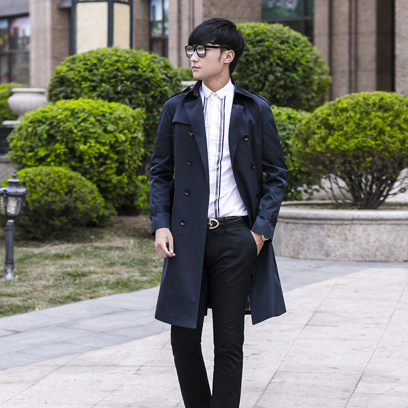 春秋品牌男士加肥加大码长款风衣商务修身蓝色绅士双排扣外套461