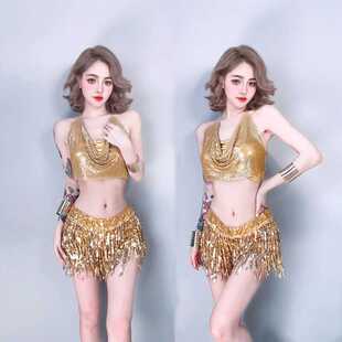 新款性感bling链条挂脖露背吊带背心金色流苏亮片裙裤夜店蹦迪装