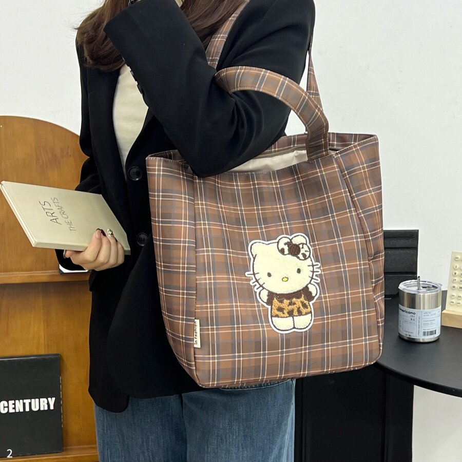 沐里沐气新款韩系帆布包女kitty可爱休闲斜挎包格纹单肩托特包潮