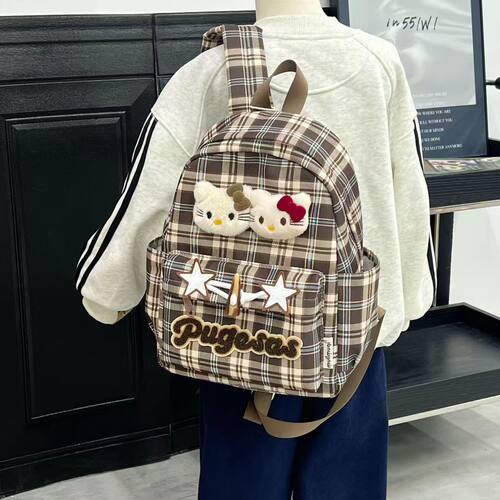 沐里沐气2025复古格纹双肩包女时尚kitty网红小背包出行耐脏书包