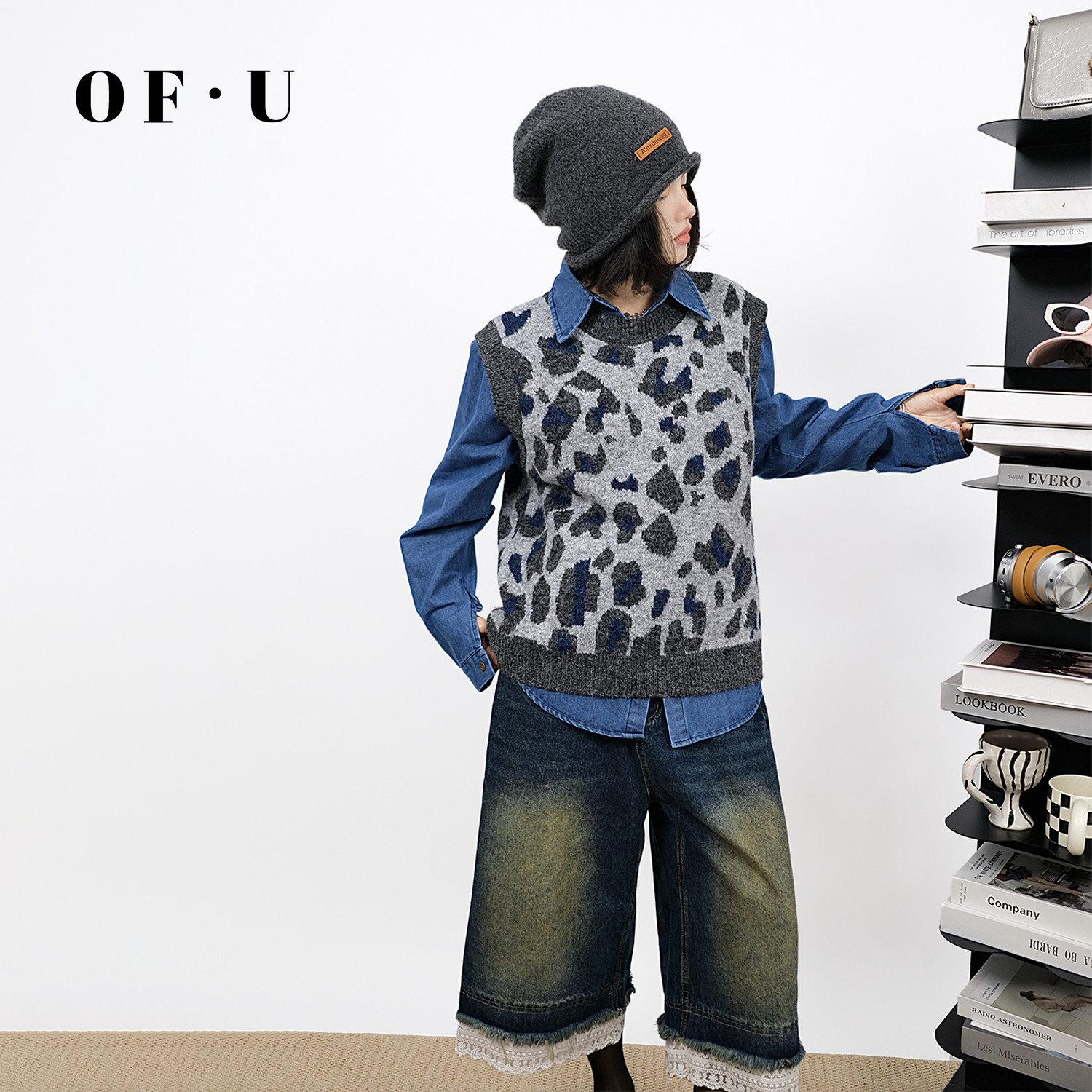 OF U复古风圆领豹纹毛衣牛仔衬衫两件套女早春叠穿坎肩针织衫套装,女装/女士精品,时尚套装,淘宝优惠券,粉丝福利购,淘宝优惠卷