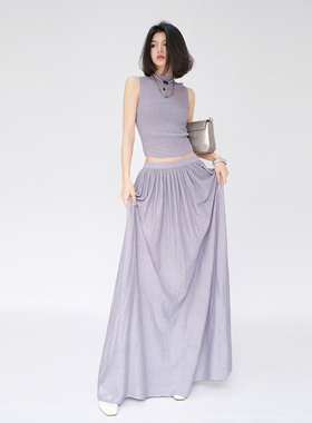 OF U法式紫色无袖背心中长款裙子两件套春夏高腰气质一整套半身裙