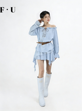 OF U春夏韩系一字肩不规则上衣松紧腰荷叶边蛋糕短裙两件套套装女