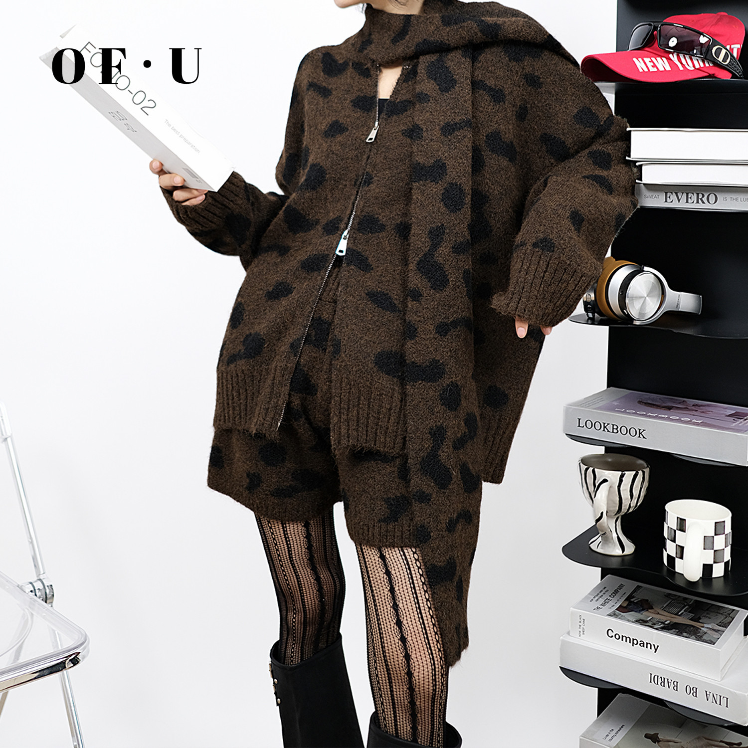 OF U复古慵懒风咖色豹纹针织衫套装女早春宽松毛衣围巾短裤三件套,女装/女士精品,时尚套装,淘宝优惠券,粉丝福利购,淘宝优惠卷