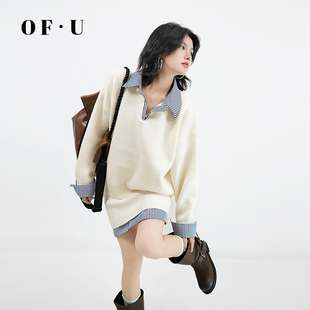OF U温柔POLO领假两件针织衫短裙套装女秋冬慵懒毛衣半身裙两件套