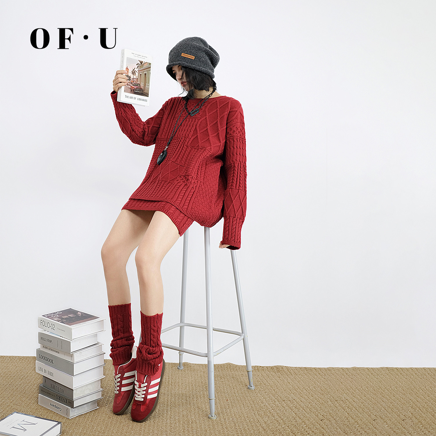 OF U复古麻花套头针织衫半身裙袜套三件套女秋冬慵懒毛衣短裙套装,女装/女士精品,时尚套装,淘宝优惠券,粉丝福利购,淘宝优惠卷