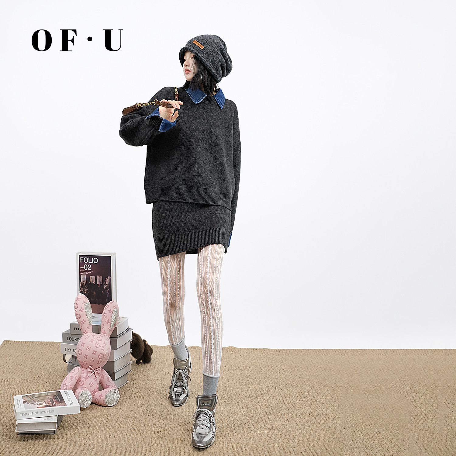 OF U复古拼接假两件牛仔领毛衣短裙两件套女秋冬慵懒休闲针织套装,女装/女士精品,时尚套装,淘宝优惠券,粉丝福利购,淘宝优惠卷