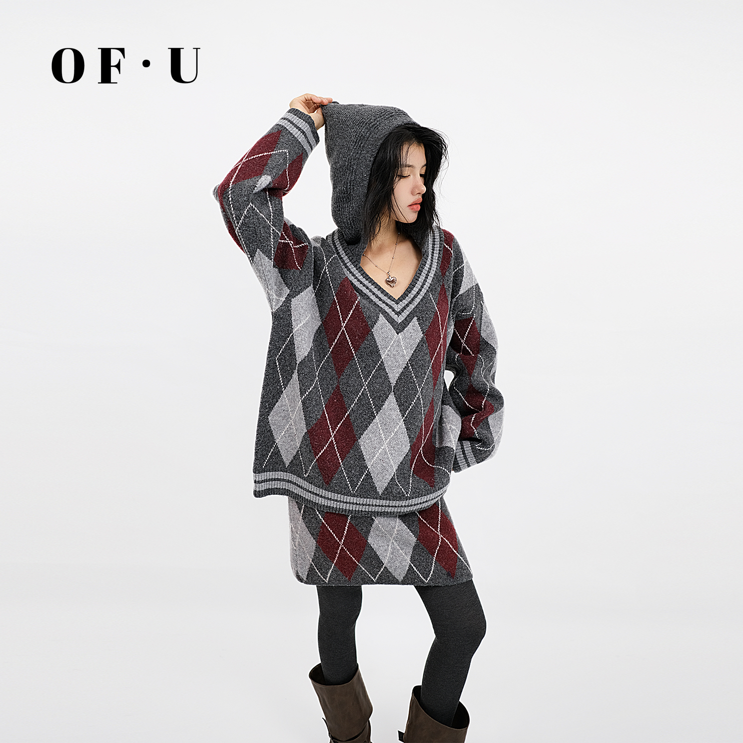 撞色菱形格连帽毛衣短裙套装女