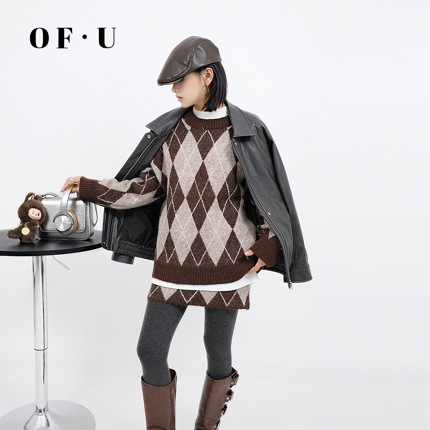 撞色菱形格针织衫半身裙两件套女