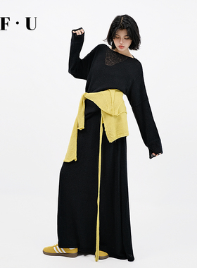 OF U慵懒针织衫上衣长款裙子两件套女秋季宽松长袖罩衫半身裙套装