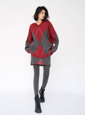 OF U撞色菱形格圣诞红色毛衣套装女秋冬新款慵懒风针织短裙两件套