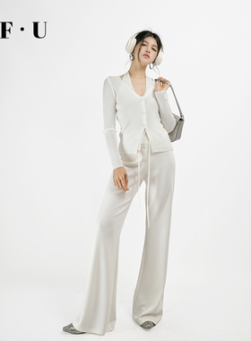 OF U假两件挂脖V领针织开衫上衣美式微喇瑜伽高弹休闲运动裤套装