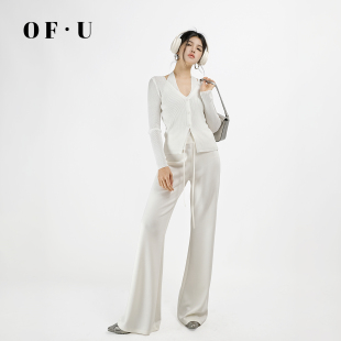 套装 微喇瑜伽高弹休闲运动裤 上衣美式 U假两件挂脖V领针织开衫