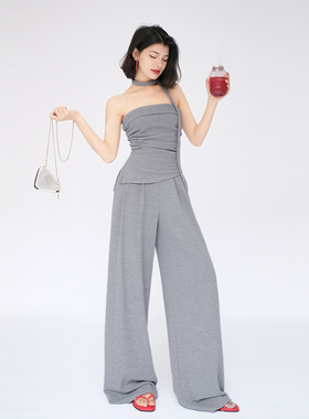 OF U灰色一字肩抹胸阔腿裤套装女春夏辣妹收腰无袖背心裤子一整套