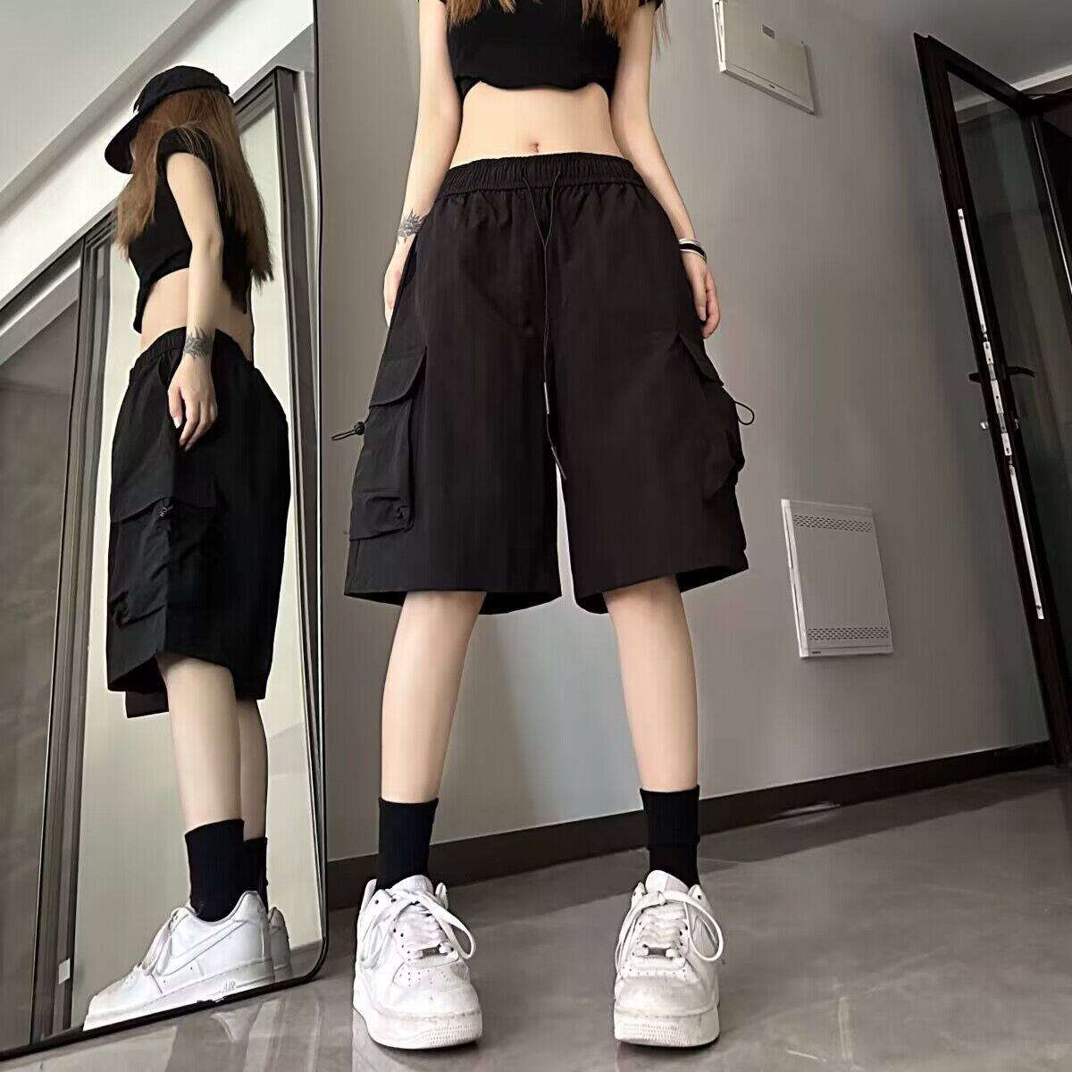 夏季日系大口袋工装过膝短裤男女同款美式街头宽松绑带休闲阔腿裤