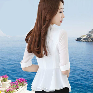 2019春夏新款短款西服中袖裙摆休闲网纱拼接雪纺小西装女外套修身