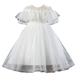 女童晚礼服公主裙白色纱裙洋气花童婚纱主持人儿童演出服蓬蓬裙夏