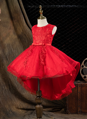 儿童礼服女童公主裙蓬蓬纱洋气红色燕尾裙小女孩花童主持人演出服