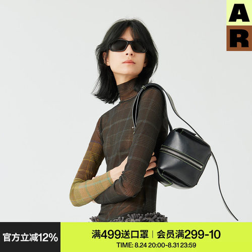 AlmondRocks视错觉拼色网纱印花显打底衫上衣内搭女长袖格纹早秋