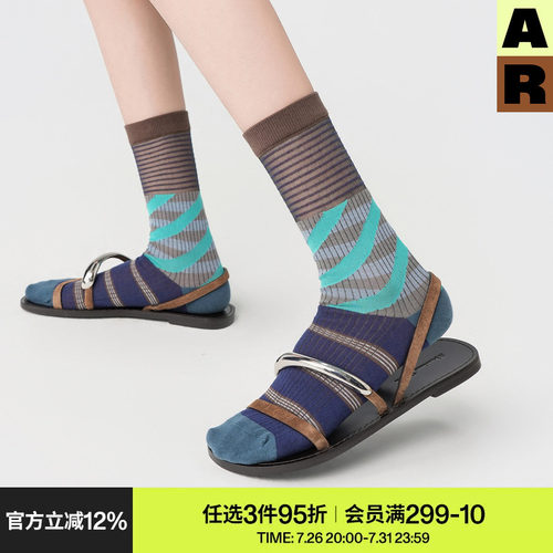 AR斜彩条纹袜子女款薄款撞色中筒袜舒适透气蓝色堆堆袜艺术生袜