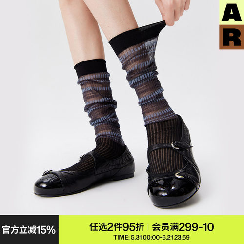 AR堆堆袜子女款春夏季薄款黑色玻璃丝袜条纹小腿袜水晶丝袜miu系