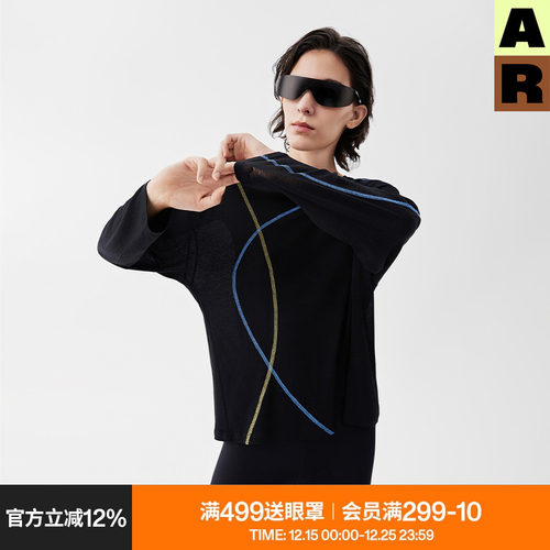 AR打底衫女撞色长袖t恤网纱轻薄款线条运动网球风罩衫上衣春夏季