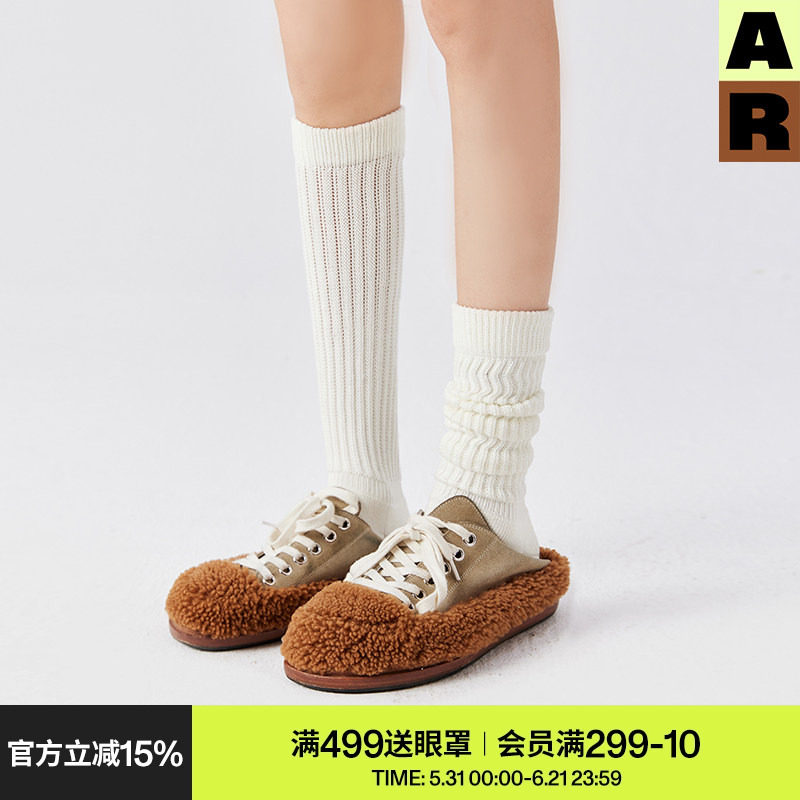 AR纯棉小腿袜女秋冬季保暖中筒袜美腿显瘦芭蕾风白色长筒堆堆袜JK