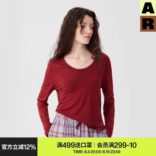 AR「soft notes」天丝羊毛V领长袖t恤红色上衣女装休闲宽松套头衫