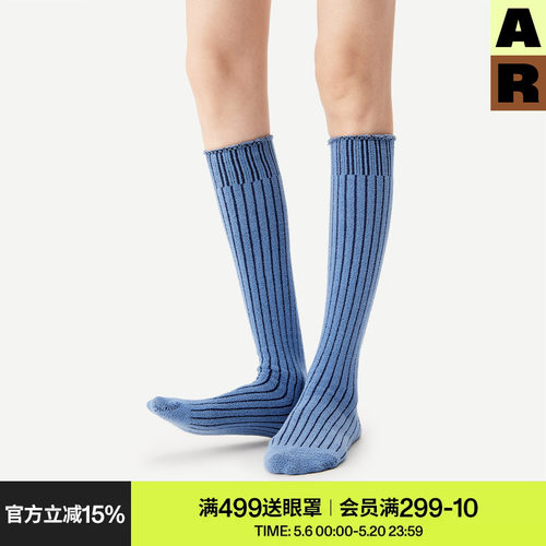 AR半边绒小腿袜子女士秋冬款保暖堆堆袜条纹显瘦弹力长筒袜miu系
