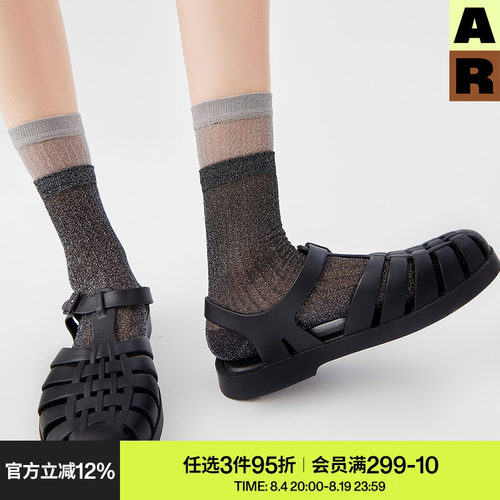 AR袜子女款中筒袜春夏季薄款双层罗口黑色亮光丝袜撞色玻璃水晶袜