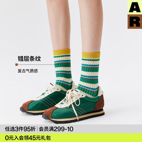 AR袜子女薄款网眼复古渐变条纹中筒袜百搭显瘦长筒堆堆袜艺术生袜