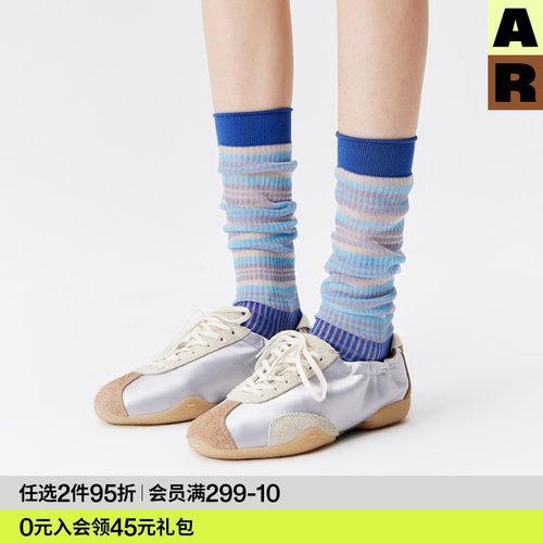 AR堆堆袜子女款春夏季薄款蓝色玻璃丝袜条纹小腿袜水晶丝袜miu系