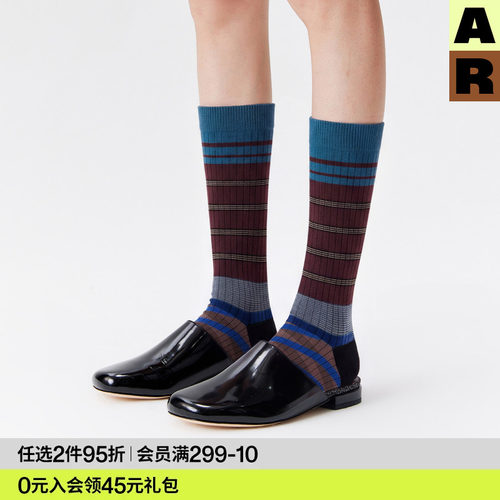 AR小腿袜子夏薄款女款复古横条纹长筒袜显瘦美腿日系堆堆袜miu系