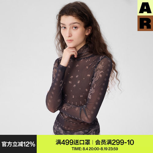 AR复古腰果花网纱打底罩衫中高领修身长袖t恤黑色上衣女装薄内搭